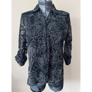 Elementz Women’s Sheer Black Floral Button Down Top